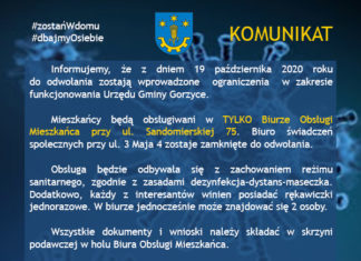 2020.10.19 – OGRANICZENIA W PRACY URZĘDU GMINY GORZYCE