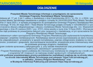 OGŁOSZENIE PREZYDENTA MIASTA TARNOBRZEGA O PRZYSTĄPIENIU DO OPRACOWANIA GMINNEGO PROGRAMU REWITALIZACJI MIASTA TARNOBRZEGA