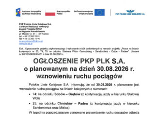OGŁOSZENIE PKP – WZNOWIONY RUCH POCIĄGÓW